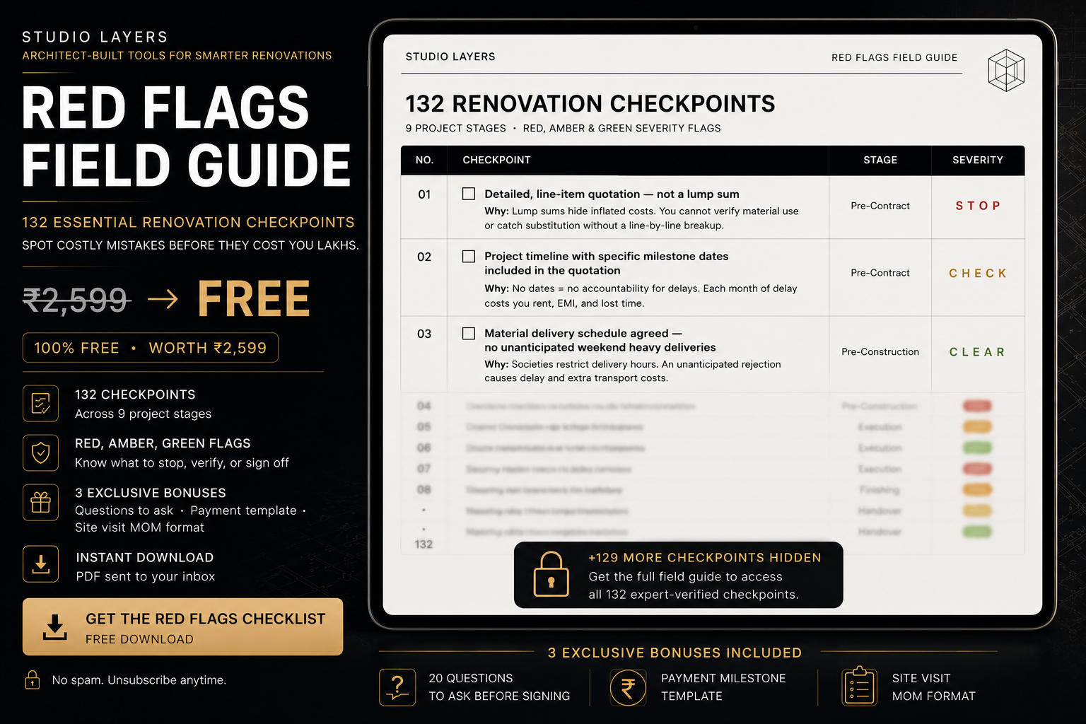Studio Layers Red Flags Field Guide — 132 renovation checkpoints across 9 project stages